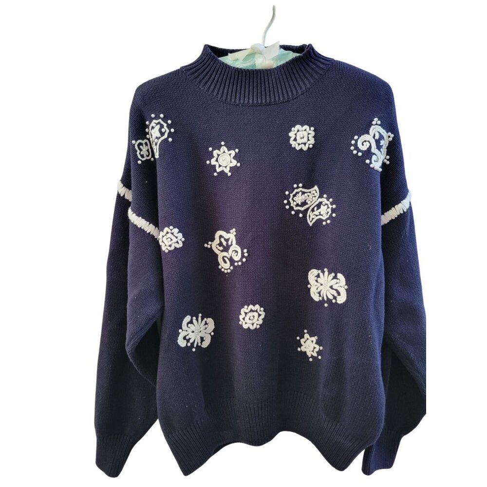 Le Moda Womens Navy Blue Handloomed pearl Embellished Sweater size XL Vintage